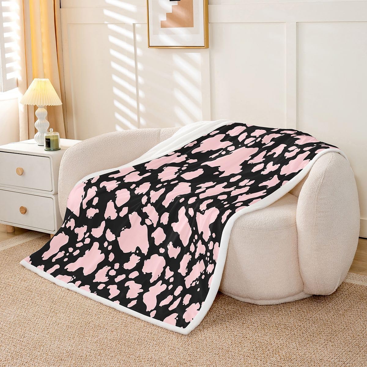 Feelyou Cow Print Sherpa Throw Blanket for Couch Black Pink Super Soft Cozy Fleece Cartoon Milk Cow Blanket for Winter, Plush Throw Animal Twin 60"x80" Farmhouse All Season