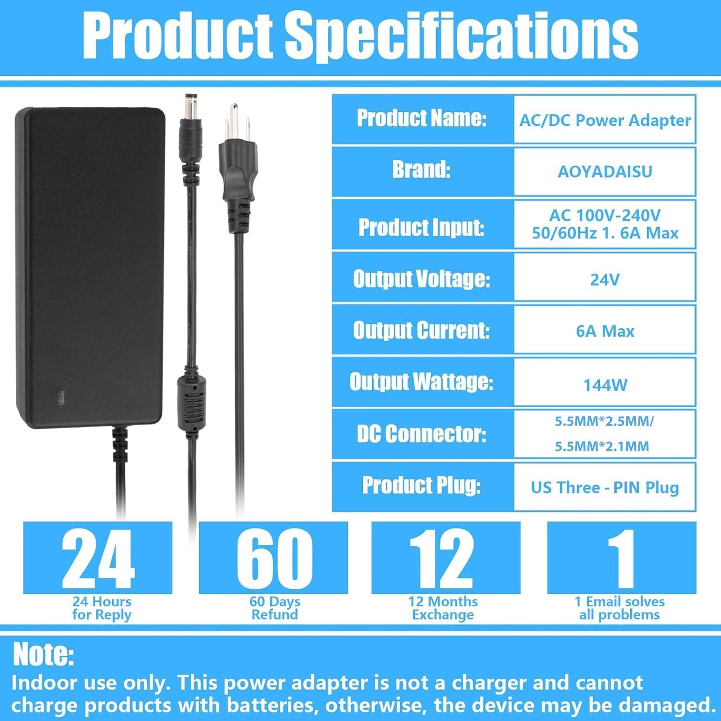 24V 6A DC Power Supply Adapter 144W AOYADAISU Universal AC to DC Power Supply with 5.5mm x 2.5mm&2.1mm Output Jack, 100V-240V 24 Volt 6 Amp Power Converter for LED Strip Light, Router, Cameras