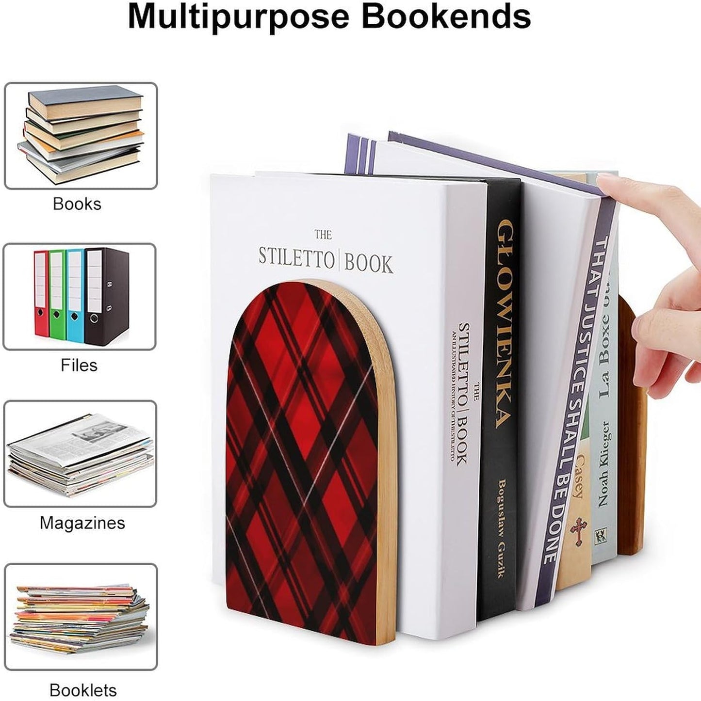 Red and Black Plaid Bookend for Shelves Wooden Book End Large Size Sturdy Book Holders Stoppers with Metal Base for Bookshelves Slick Decorative Bookends Stands