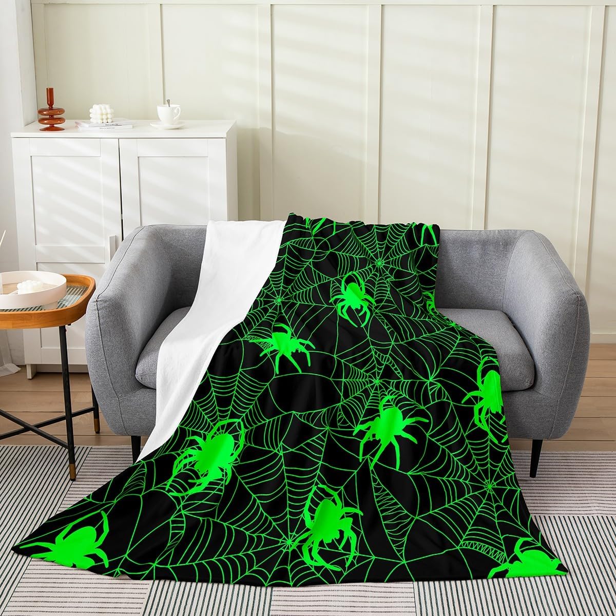 Feelyou Halloween Themed Spider Web Plush Throw Blanket, Fluorescent Green All Season,Blanket for Sofa Couch Decorative Scary Spider Flannel Fleece Blanket Spider Animal Bedroom Queen 90"x90"