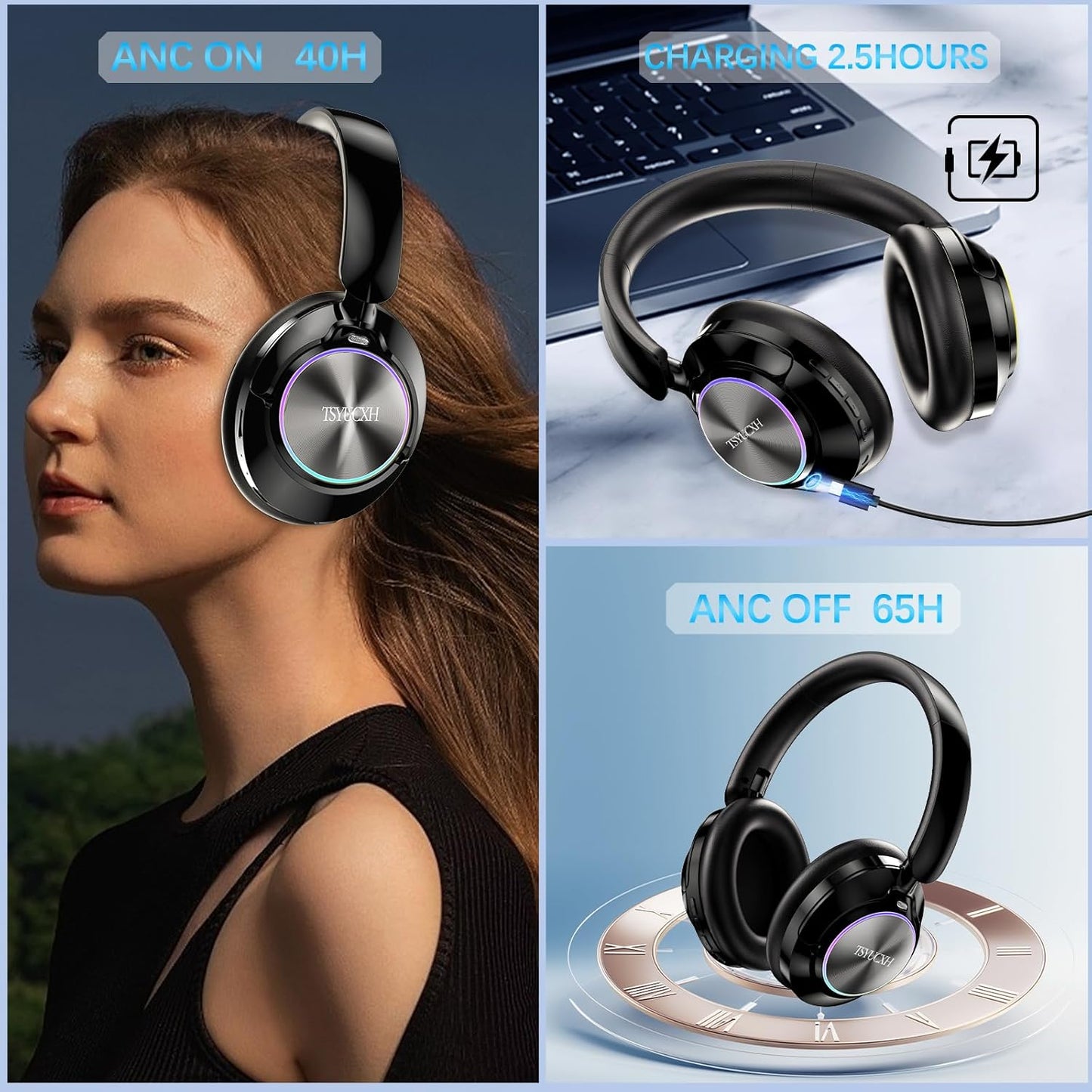 Noise Cancelling Over Ear Wireless Bluetooth Headphones with Microphone, 65h Playtime, Clear Calls, Comfort Fit for Travel (Beige)