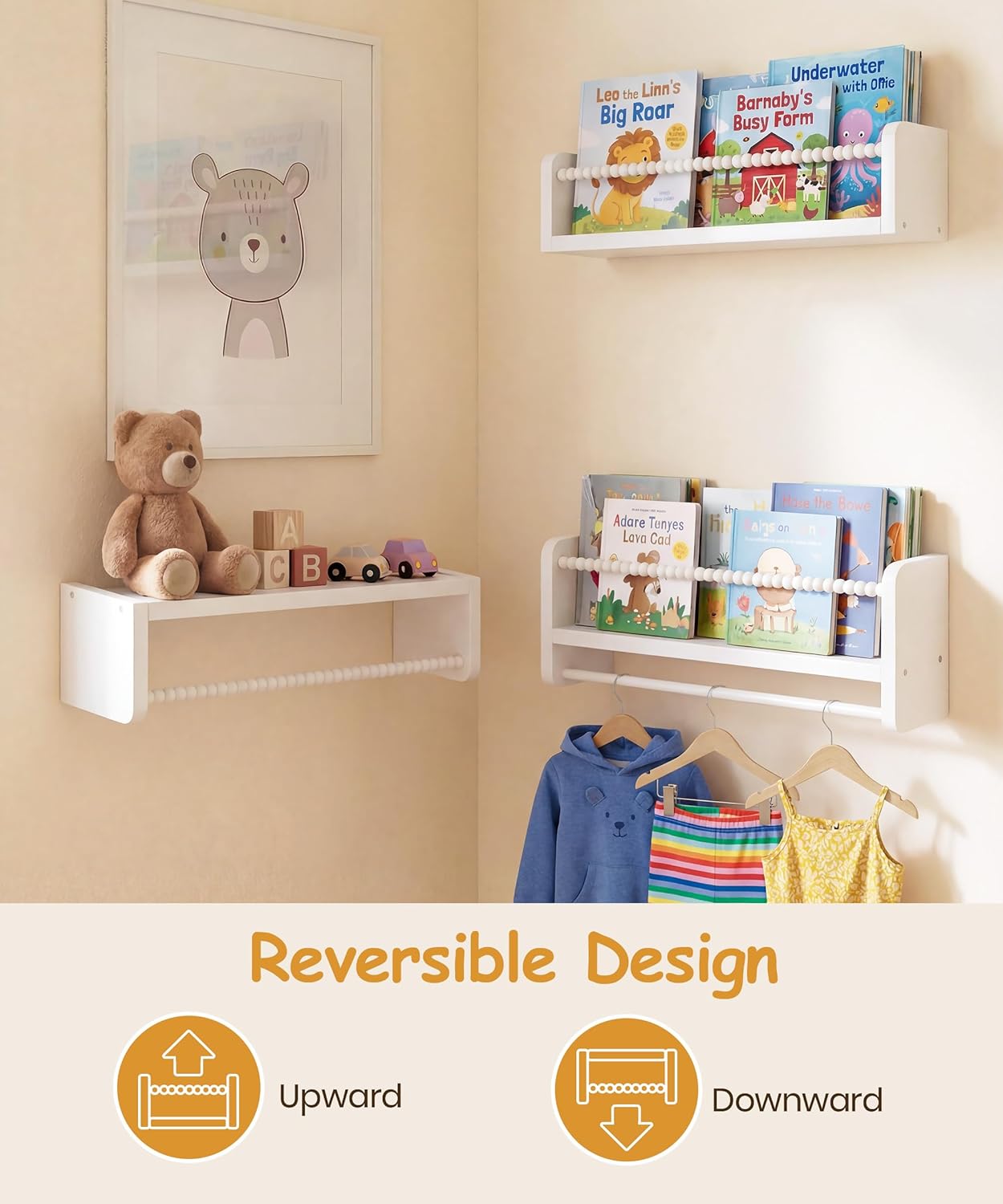 Nursery Book Shelves for Wall Set of 3, White Natural Wood Bookshelf Wall Decor, Small Floating Shelf Organizer for Kids Room, Bedroom, Kitchen Spice Rack