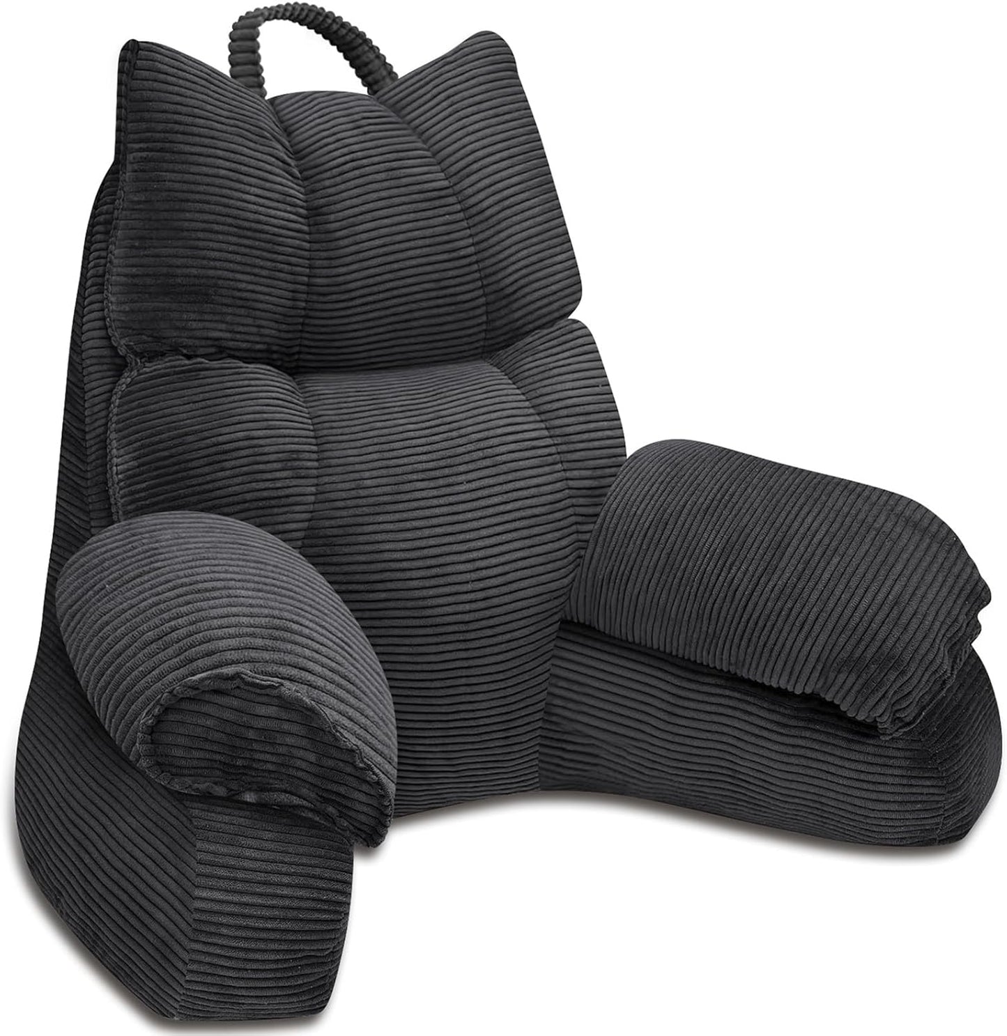 RRPAHWTV Reading Pillow for Bed with High Arm Rests ,Back Support Pillow for Sitting Up in Bed with Shredded Memory Foam for Reading, TV, Gaming or Relaxing on Floor（Grey Black, Large）