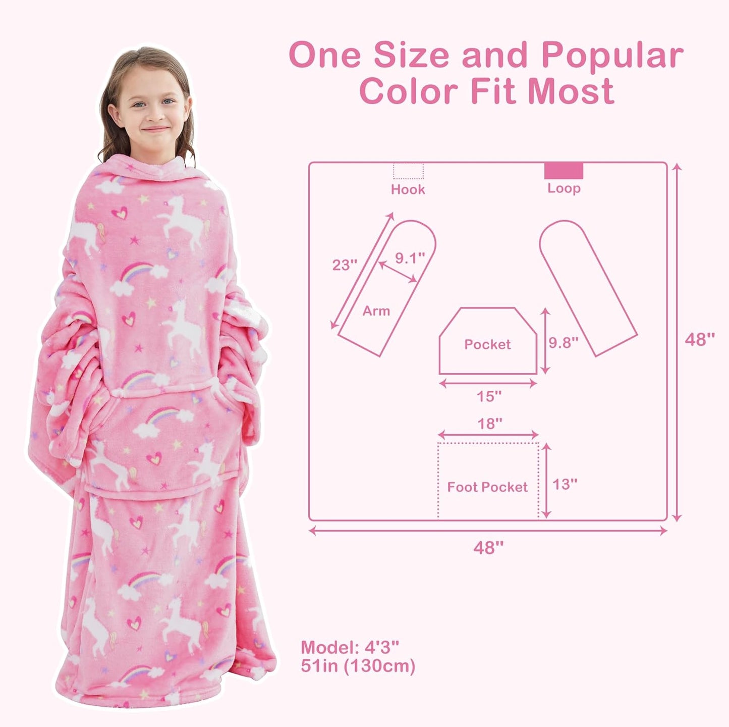 Softan Wearable Fleece Blanket with Sleeves & Foot Pocket for Kids Boys Girls Children,Lightweight Soft Blanket with Sleeves and Hook & Loop 48" x 48" Pink Unicorn