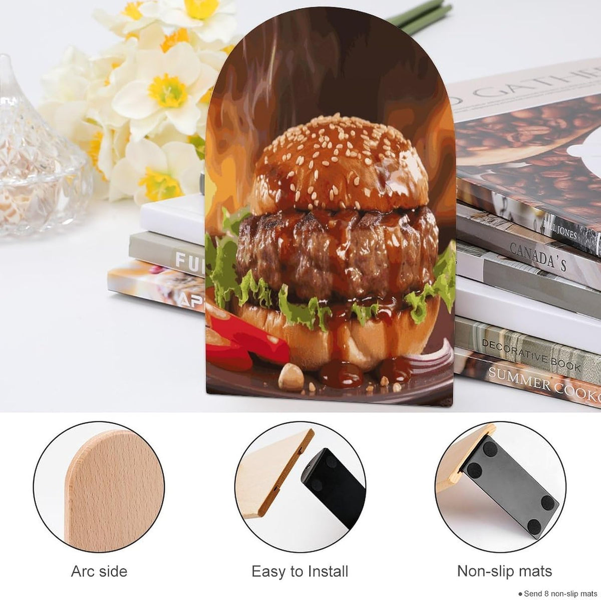 Non-Slip Bookend for Shelves Hamburger Steak Fast Food Wooden Bookends with Metal Base Decorative Book Stopper for Home Heavy Duty Wood Book Storage for Books/CDs