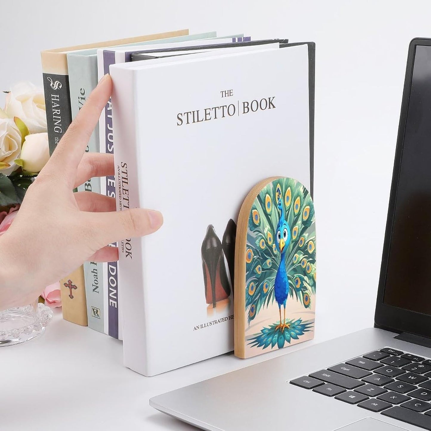 Cartoon Blue Peacock Bookends 1 Pair Heavy Duty Book Ends for Shelves Non-Skid Bookend Supports Wooden Book Holders with Metal Base Desk Organizers Books Storage to Hold Books