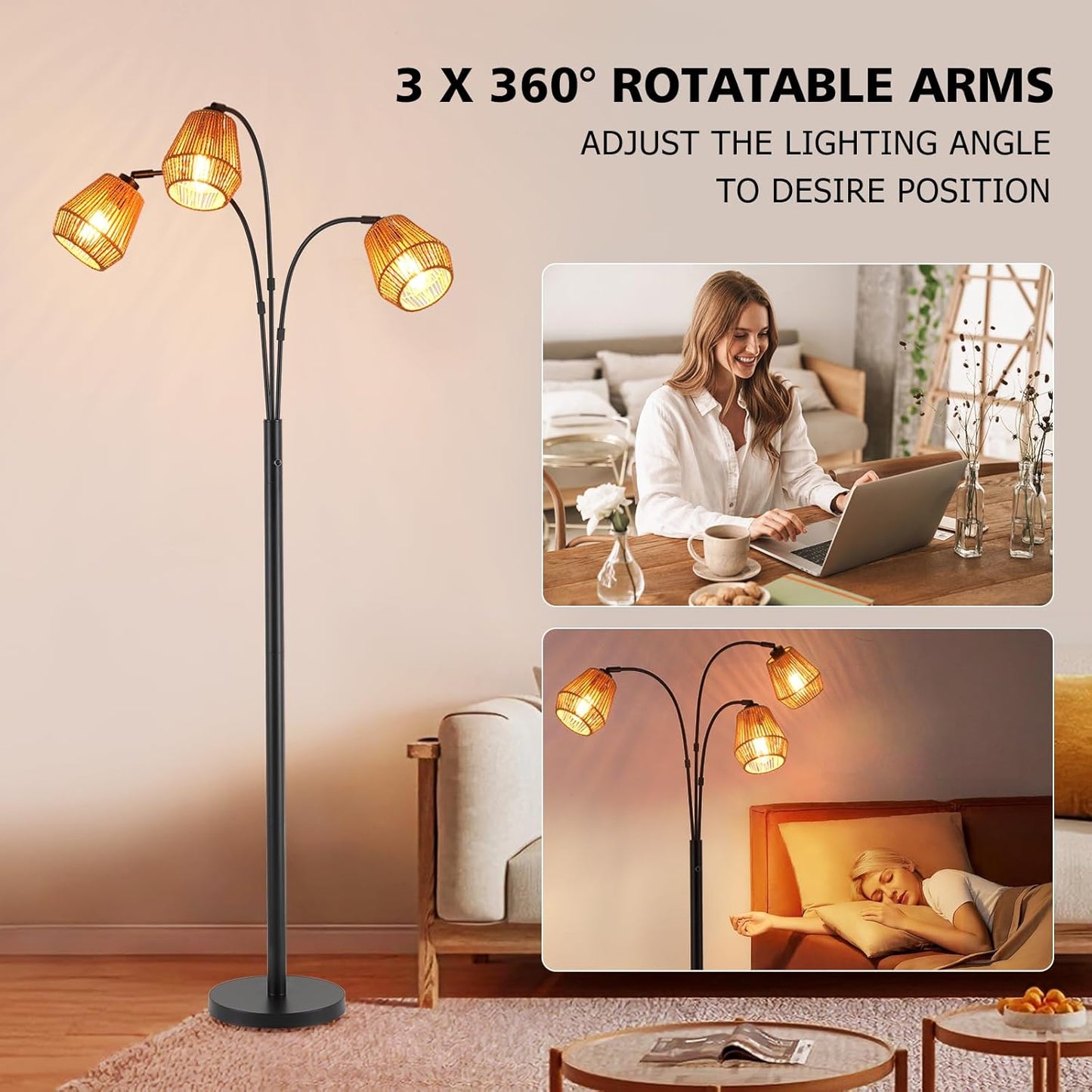 9MMML Vintage Black Arc Floor Lamp with Rotatable Arms & Rattan Lampshade, 3-Light Mode Rotary Switch Adjustable, 72.5'' Tall Standing Lamp for Living Room, Bedroom, E26 Base