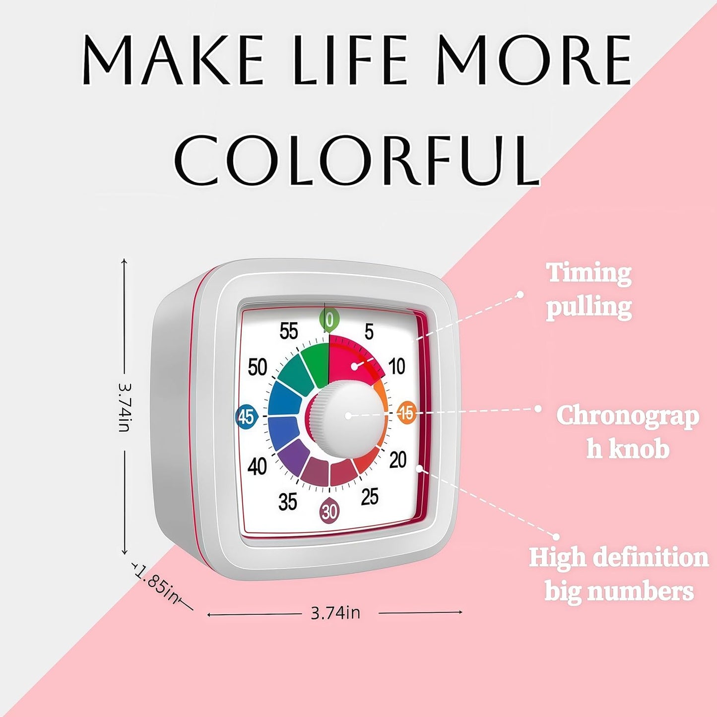 Visual Timer for Kids, 60-Minute Countdown Timer for Classroom Office Kitchen, Pomodoro Timer with Silent Operation，Time Management Tools with Colorful Pattern(White)
