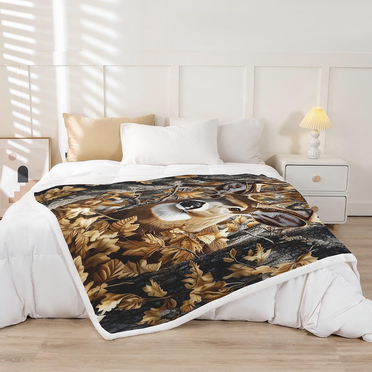 Feelyou Camo Deer Fleece Throw Blanket Throw 50"x60" Kids Western Deer Hunting Plush Blanket Boys Camo Moose Sherpa Blanket Camouflage Deer Hunting Fuzzy Blanket