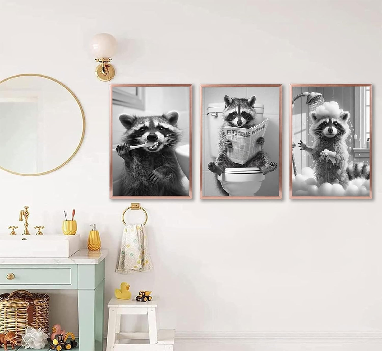 3pcs Adorable Raccoon Bathroom Canvas Wall Art Raccoon On Toilet Reading Newspaper Brush Teeth Posters Prints Black And White Animal Pictures Wall Decor for Bathroom Toilet Shower Room Decoration