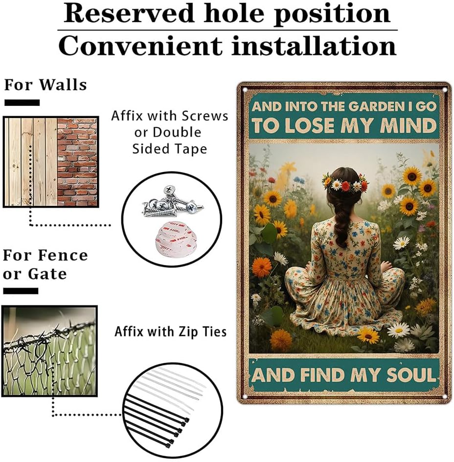 Funnysign Garden Gifts Vintage Metal Tin Sign – “And Into the Garden I Go to Lose My Mind and Find My Soul” Rustic Floral Wall Art for Home, Patio, Garden Décor – 8x12 Inches (9849)