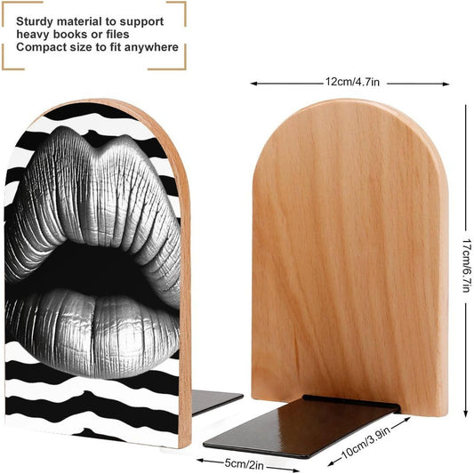 Lips Printed in Black and White Stripes Bookend for Shelves Wooden Book End Large Size Sturdy Book Holders Stoppers with Metal Base for Bookshelves Slick Decorative Bookends Stands