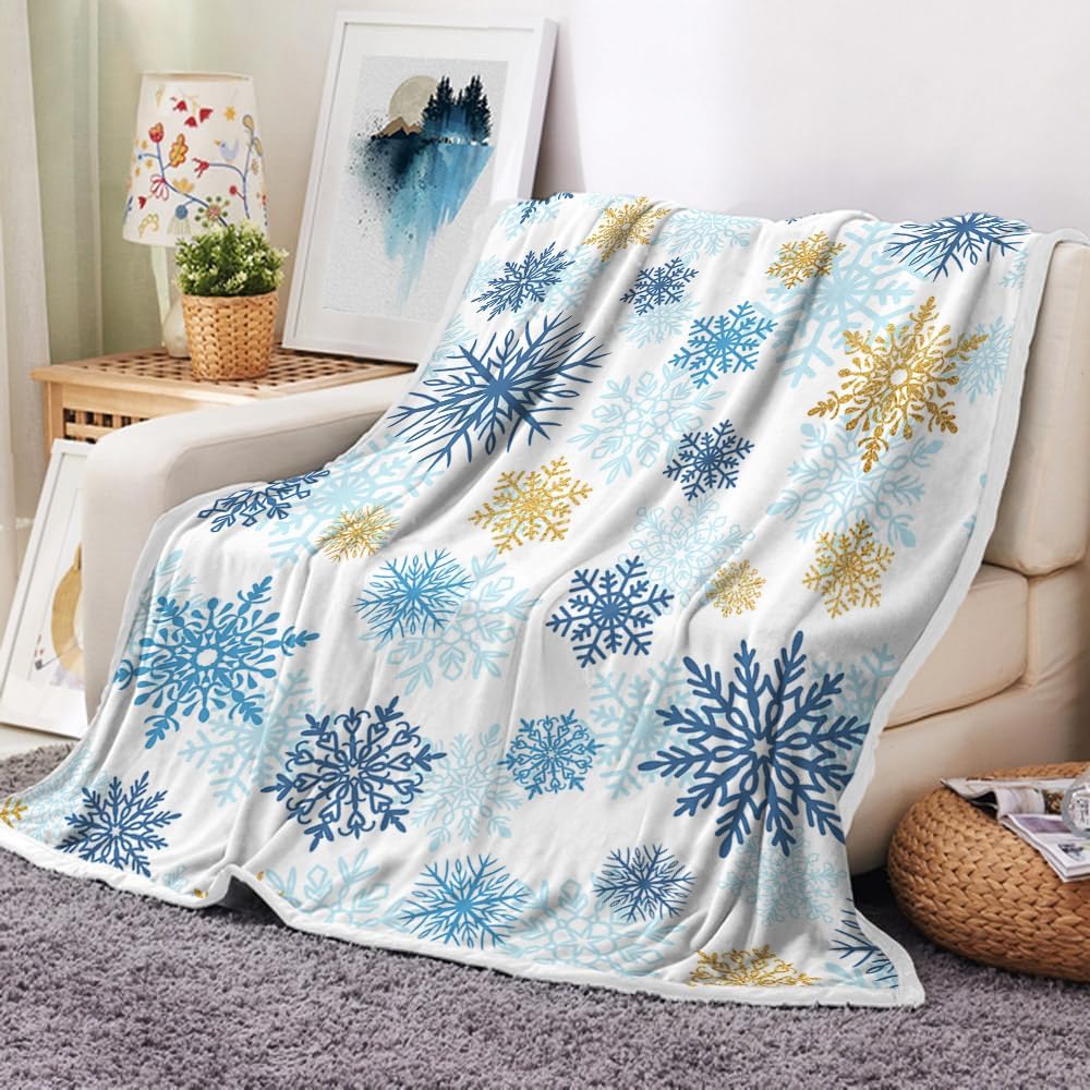 Christmas Throw Blanket, Winter Snowflake Christmas Fleece Blanket, Winter Snowflake Holiday Xmas Soft Plush Warm Cabin Throw for Couch Sofa Bed Decor 50" x 60" Blue
