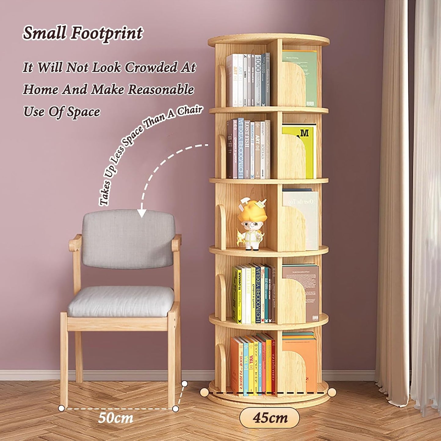 ELZEM 5-Tier Rotating Book Shelf Spinning Bookshelf Tower with Baffle 360° Display Round Rolling Bookshelf Stackable Floor Standing Bookcase Storage Rack for Living Room Study Room Home Office