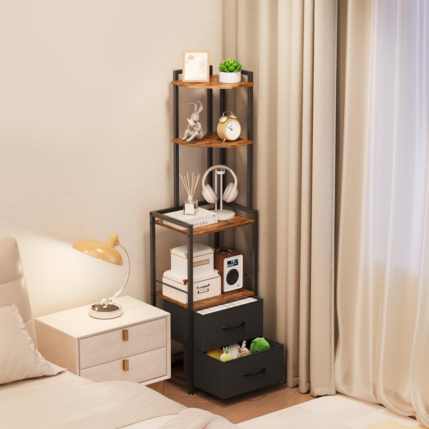 PouHenier.jh 6 Tier Corner Shelf with Drawer, Living Room Rustic Brown 58" Tall Floor Standing Storage Organizer with Anti-tip, Stable Bedroom Nook Space Saving Open Display Antique Ladder Stand Unit