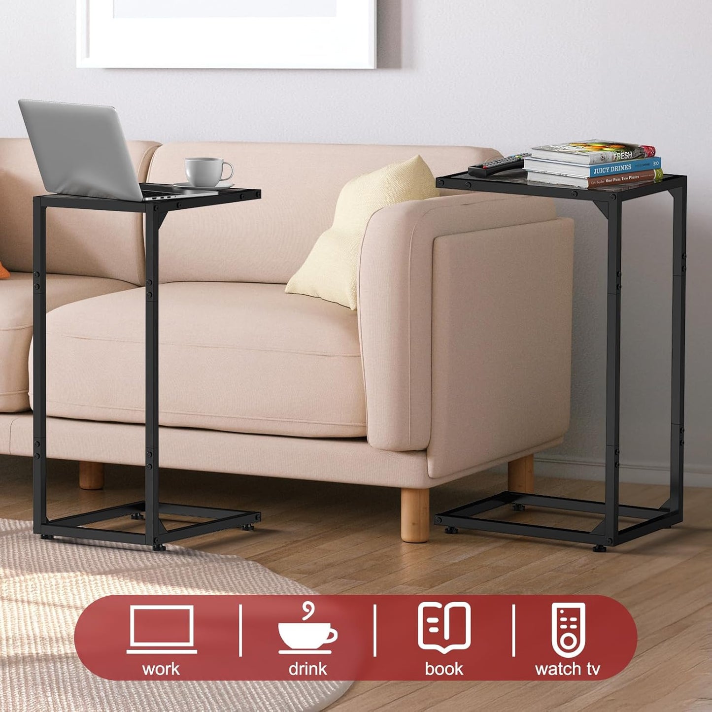 C Shaped End Table Living Room Set of 2 Tray Tables with Metal Frame for Small Spaces, Side Table for Couch Slide Under Sofa, Bedroom, Dark Gray