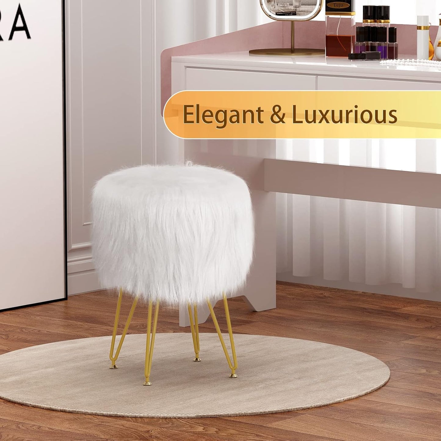 Vanity Stool Chair with Storage, Faux Fur Makeup Room Seat Stool, Soft Padded Seat, Round Footrest Footstools with 4 Metal Legs & Adjustable Footings, Vanity, Bathroom, Bedroom Chairs White