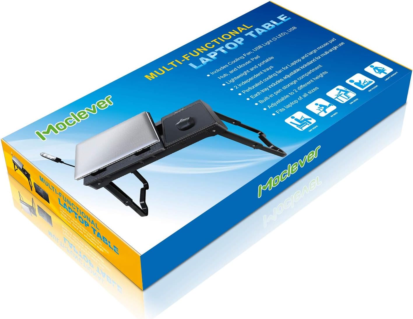 Moclever Laptop Bed Stand – Adjustable Laptop Table with Cooling Fan, Foldable Laptop Desk with USB Hub, LED Light & Storage – Multi-Functional Computer Tray for Bed, Sofa, Home, and Office