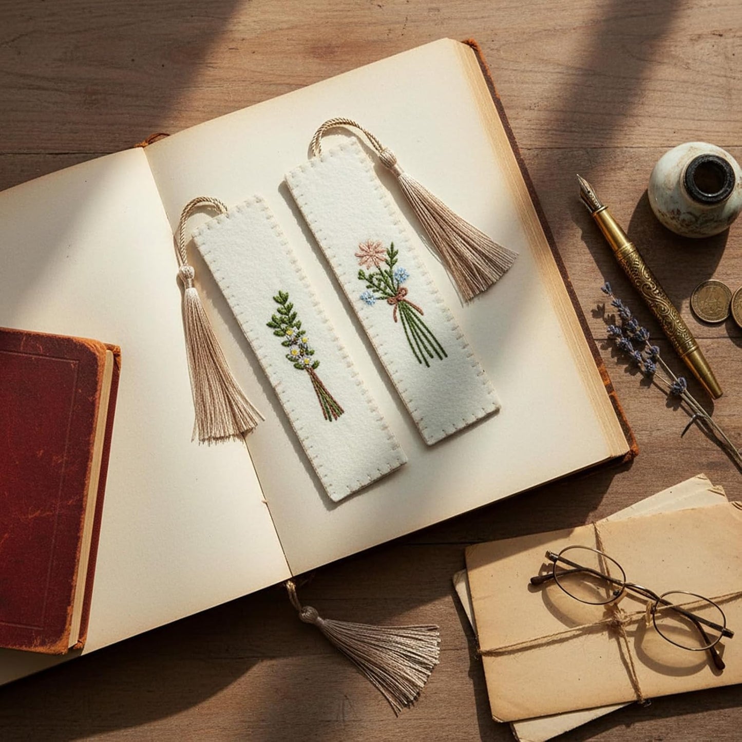 2 Pcs Embroidery Felt Bookmarks Floral Patterns Bookmark with Tassels Handmade Flower Bookmark Cute Book Markers for Reading Adults School Office Book Lovers Gifts
