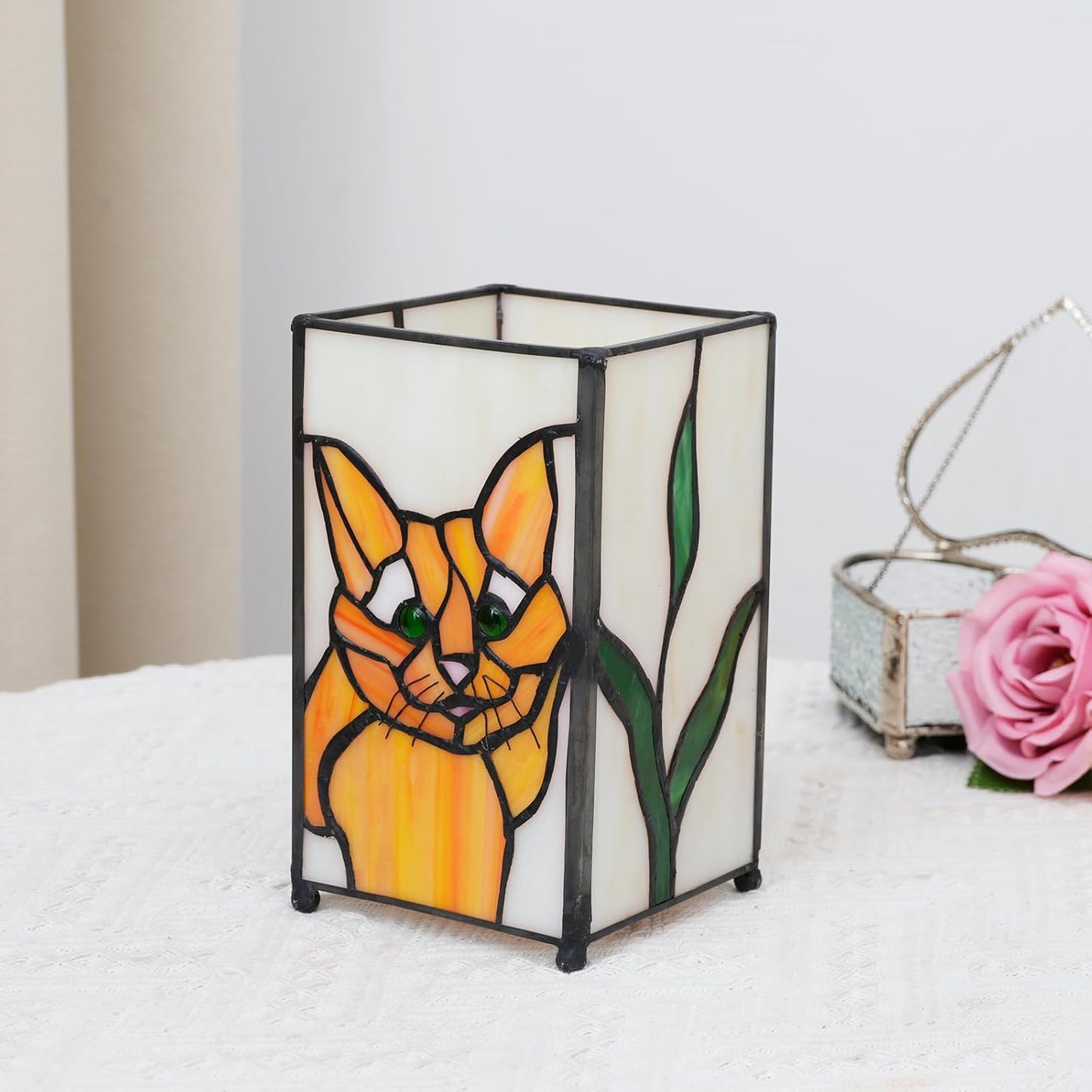 Tiffany Lamp Stained Glass lamp Small Bedside Table Lamps for Living Room Home Decor,Girls Women Birthday Christmas Thanksgiving Day Gift,Cat