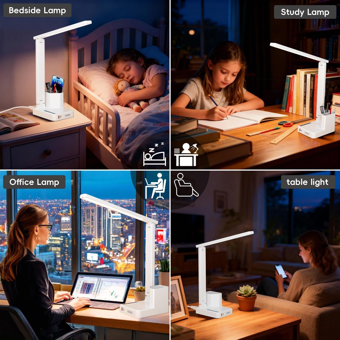 COZOO LED Desk Lamp with 2 USB Charging Ports,Type C Port,1 AC Outlet,2 Pen Holders,3 Color Temperature 3 Brightness Level,Touch/Memory/Timer,10W Eye Protection Foldable Reading Light,Study Lamp-White