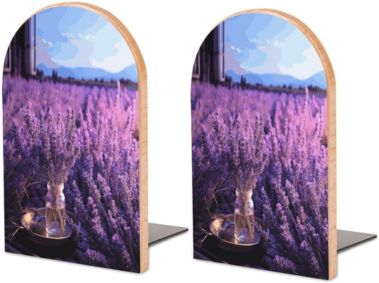 Romantic Lavender Wooden Bookend Non-Slip Book Ends Heavy Duty Book Stopper with Metal Base Books Holderd Decorative Bookends Stands Firmly for Office Supplies