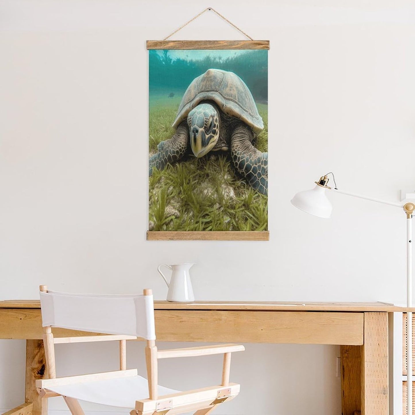 Vintage Big Tortoise Poster with Wooden Frame Personalized Linen Hanging Scroll Painting Rustic Wall Hanging Illustrative Modern Artwork Decor for Home Living Room Bedroom Office