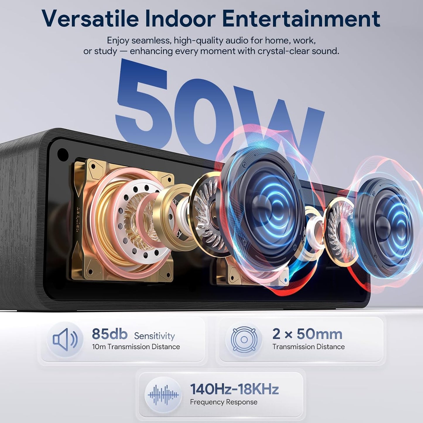 FULMINARE Portable Bluetooth Speaker for Home, Wooden Housing, 50W Deep Bass Stereo Sound, Bluetooth 5.3, 30H Playtime, 4-in-1 Playback, IPX5 Waterproof for Indoor & Outdoor Use