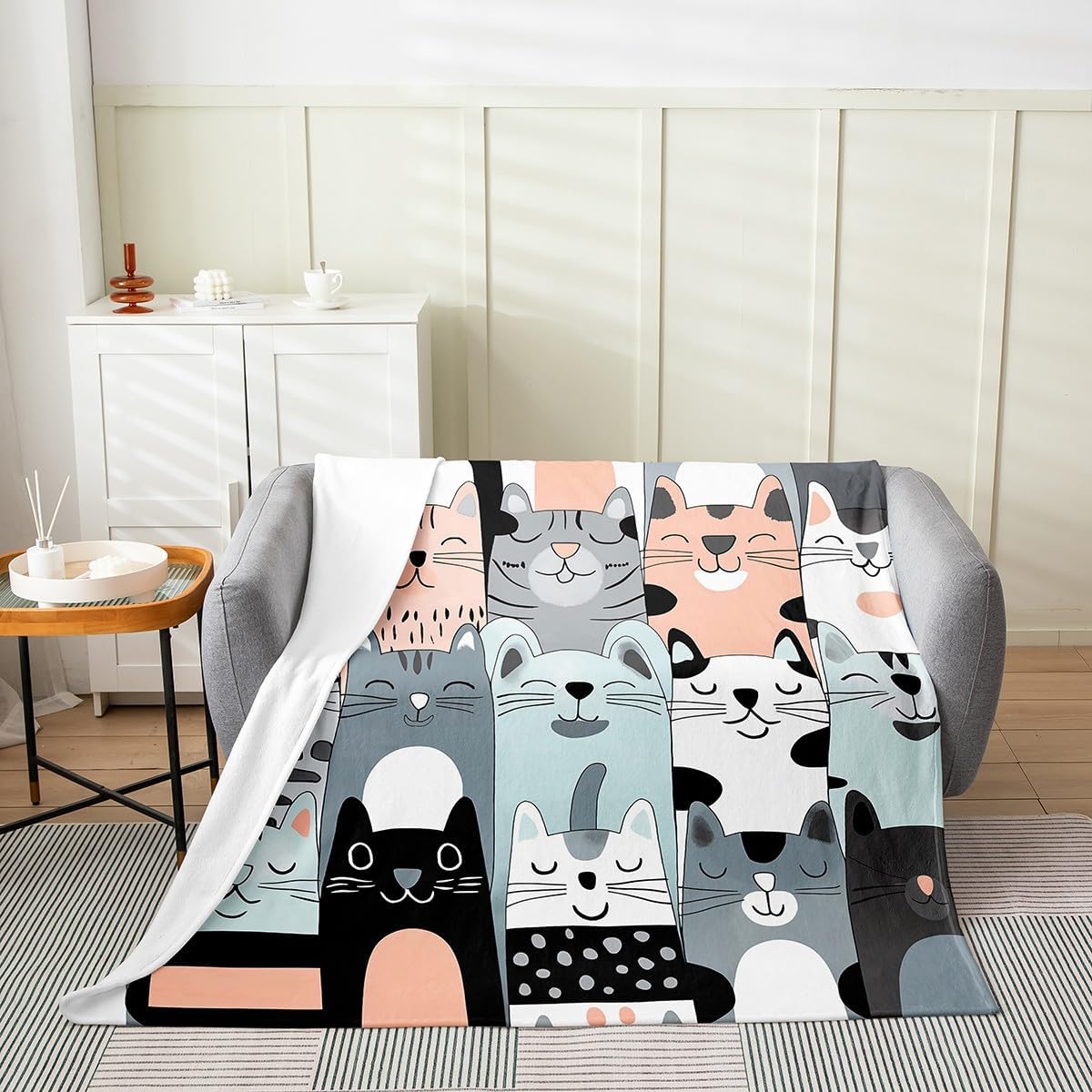 Feelyou Cute Cat Plush Throw Blanket Twin 60"x80" Kids Cats Print Flannel Fleece Blanket Boys Girls Teens Cute Kitten All Season for Bed Cartoon Animal Cat Lover's Gift