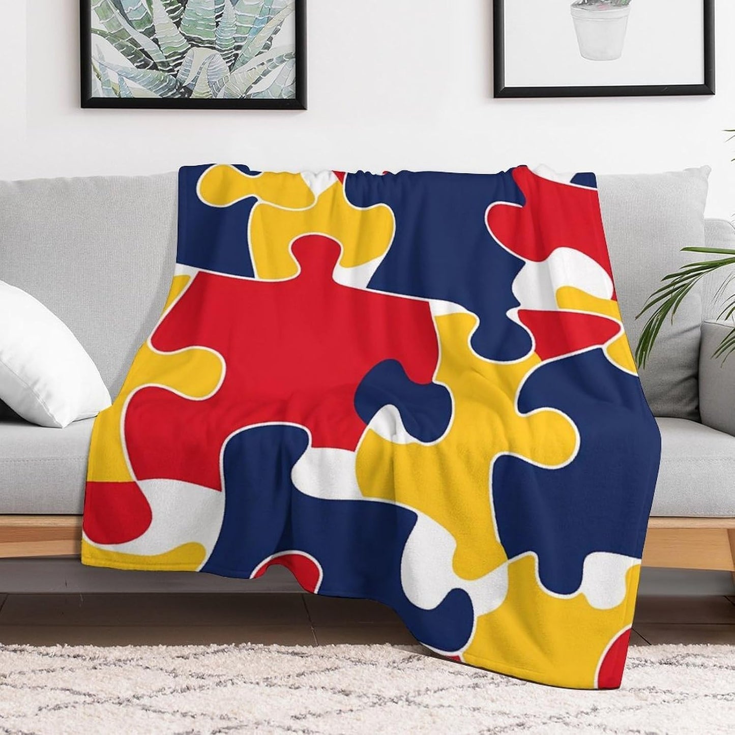 Autism Awareness Puzzle Throw Blanket for Couch Bed Plush Cozy Fuzzy Flannel Blanket for All Season 66"x90"