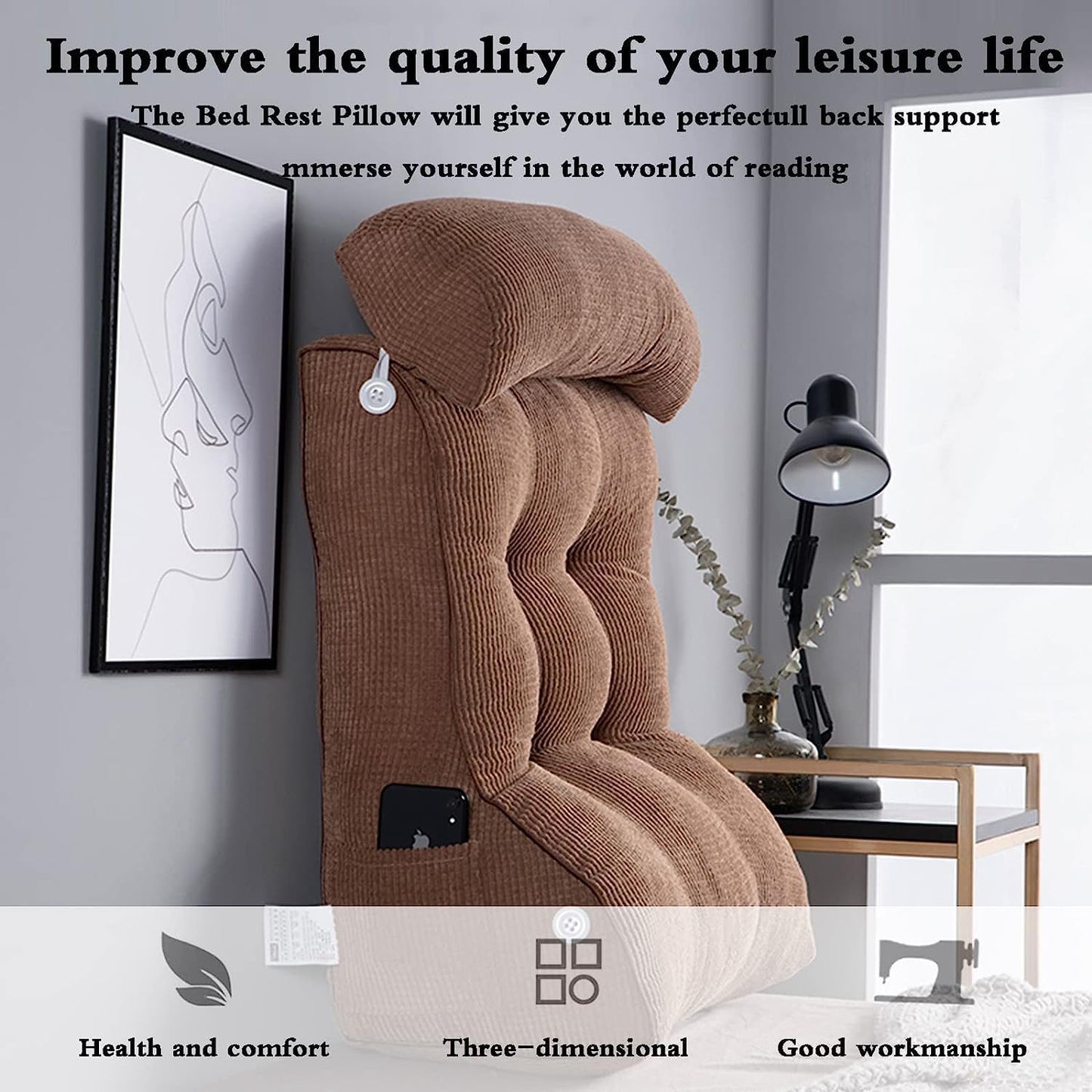 Adult Reading Pillow Bed Wedge Large Backrest Lounge Cushion with Pocket Firm Back Support for Sitting Up in Bed Couch(Size:18in/45cm,Color:Blue)