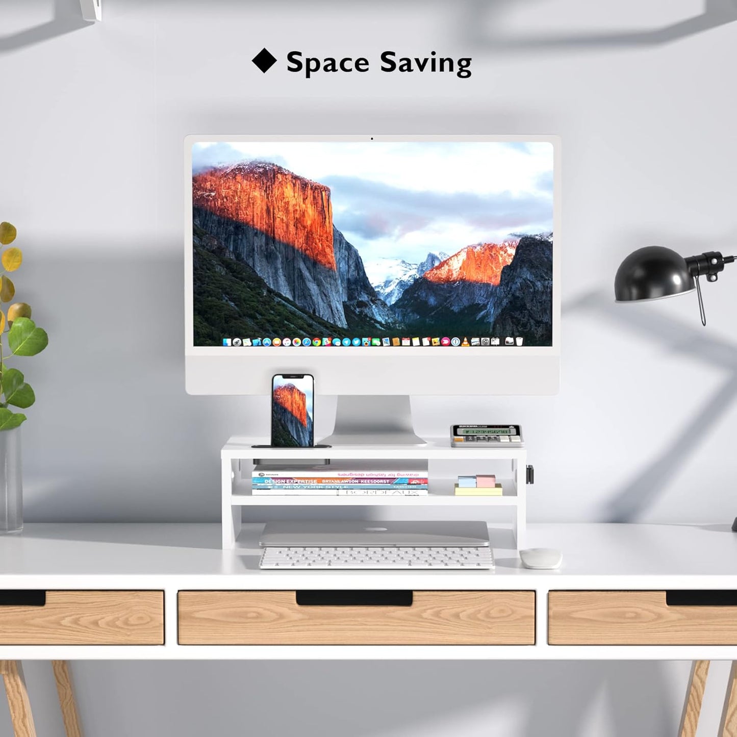 BONTEC Wooden Monitor Stand Riser, 2-Tier Desk Shelf with Storage Organizer, Ergonomic Computer Stand with Cable Management, Cellphone Holder, White, 16.5 Inch