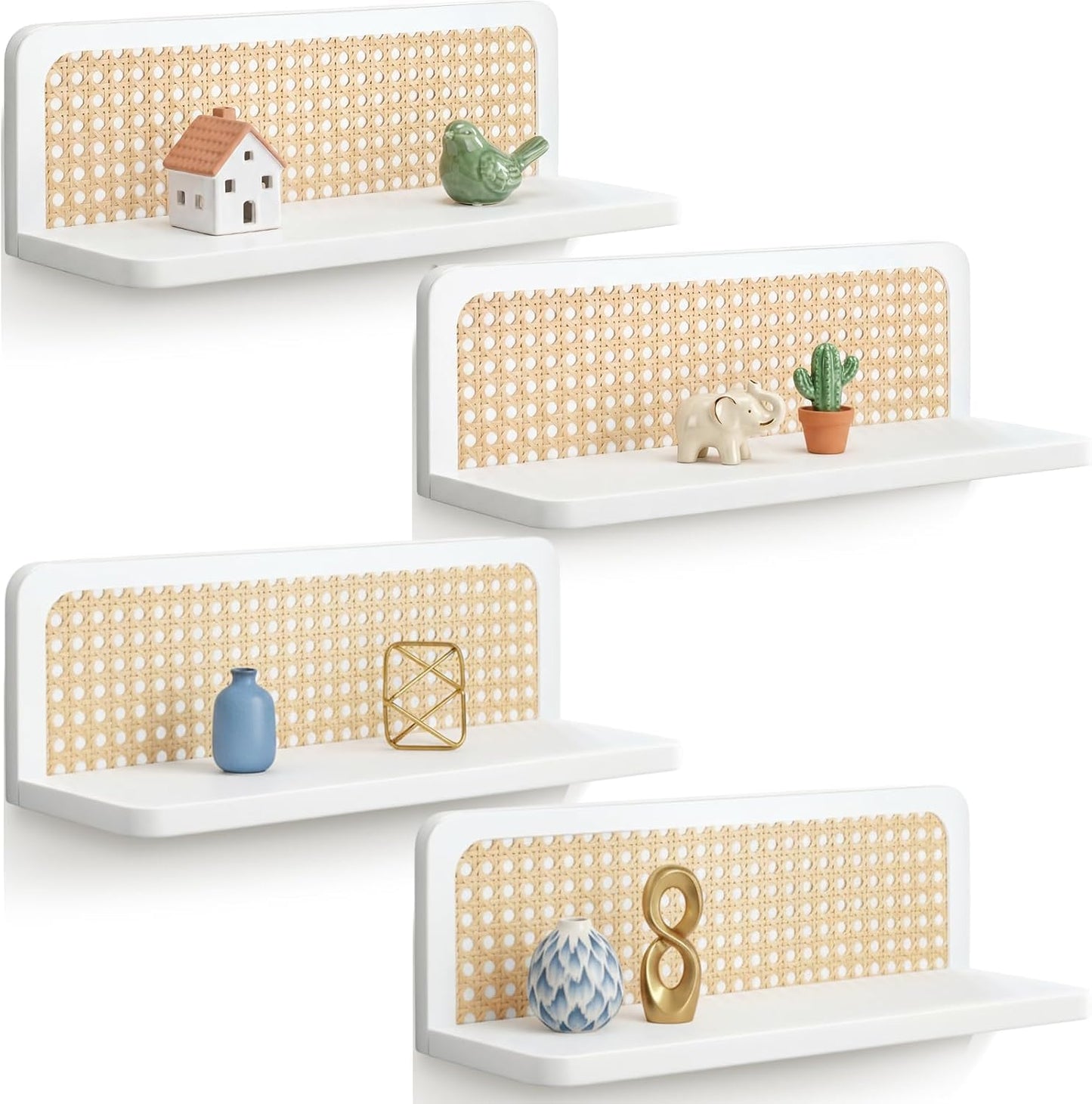 Kathfly Floating Shelves for Wall Set of 4 Mounted Rustic Boho Rattan Wood Wall Shelves for Bathroom Bedroom Living Room Kitchen 15.7 White Hanging Shelf for Book Storage Farmhouse Decor