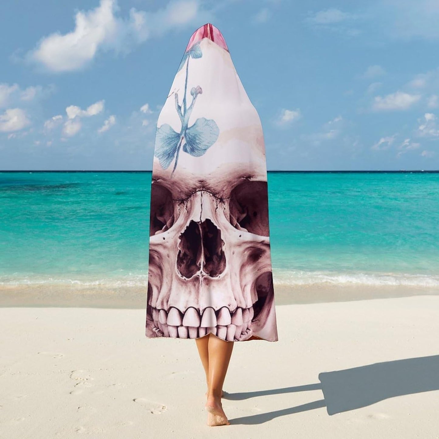 Human Skull Pink Flowers Wearable Blanket Hoodie for Women Men Oversized Soft Fleece Blanket Sweatshirt Cozy Poncho-