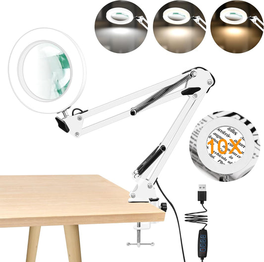 10X Magnifying Glass with Light and Clamp, Real Glass LED Lighted Magnifier, 3 Color Modes 10 Level Dimmable, Magnifying Lamp with Clamp for Reading Craft Hobby Close Work, White