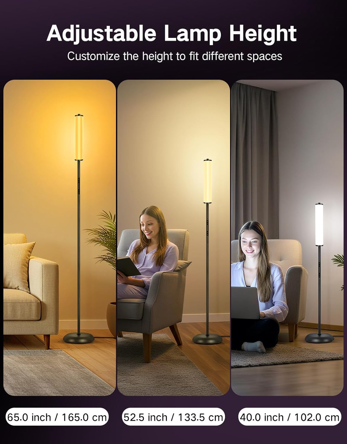 OUTON Floor Lamp for Living Room, 66 in LED Corner Floor Lamp with Remote, App and Touch Slider Control, 2200K-6500K Stepless Dimmable RGB Standing Lamp with Timer, Memory and Music Sync, Black