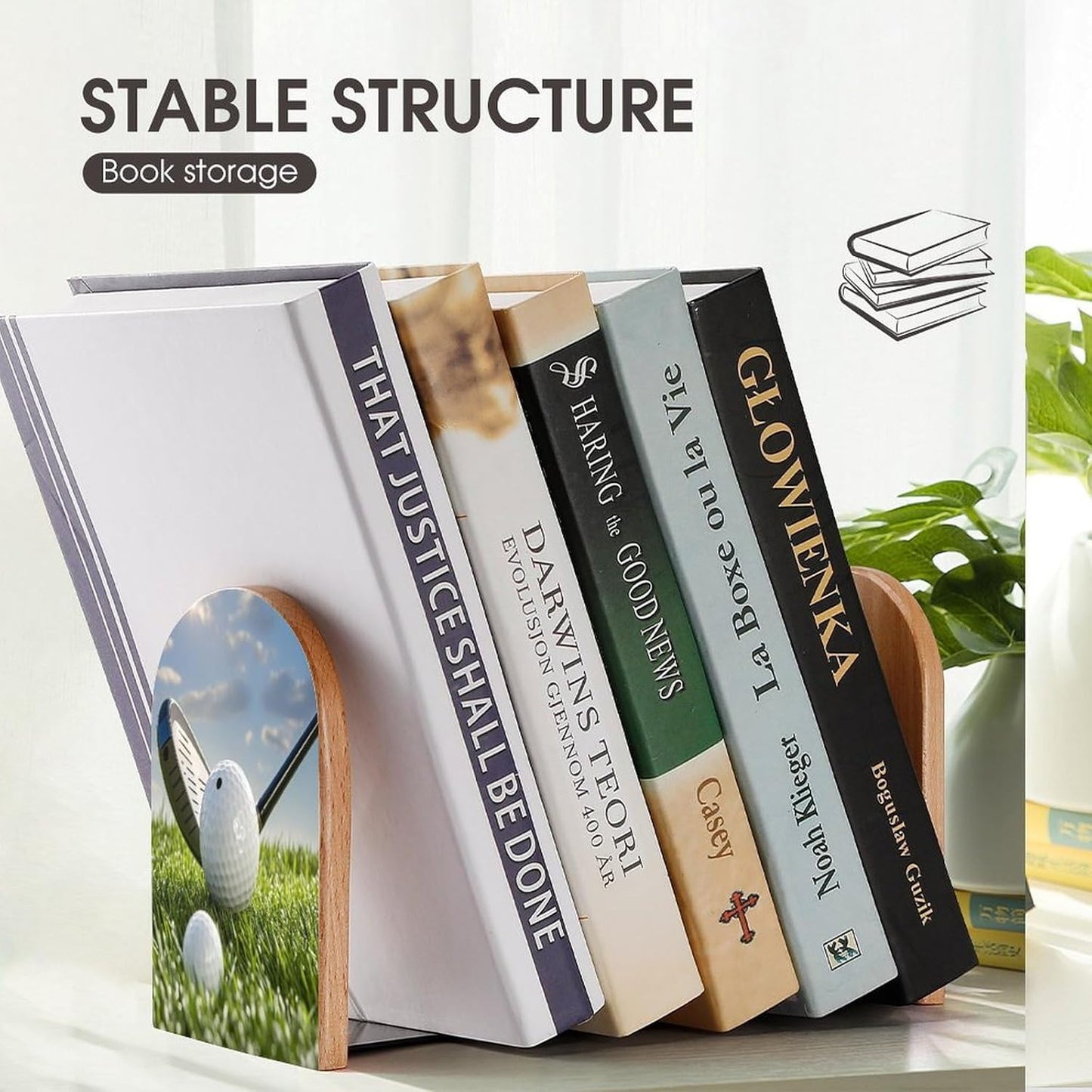 Golf Ball Bookends 1 Pair Heavy Duty Book Ends for Shelves Non-Skid Bookend Supports Wooden Book Holders with Metal Base Desk Organizers Books Storage to Hold Books
