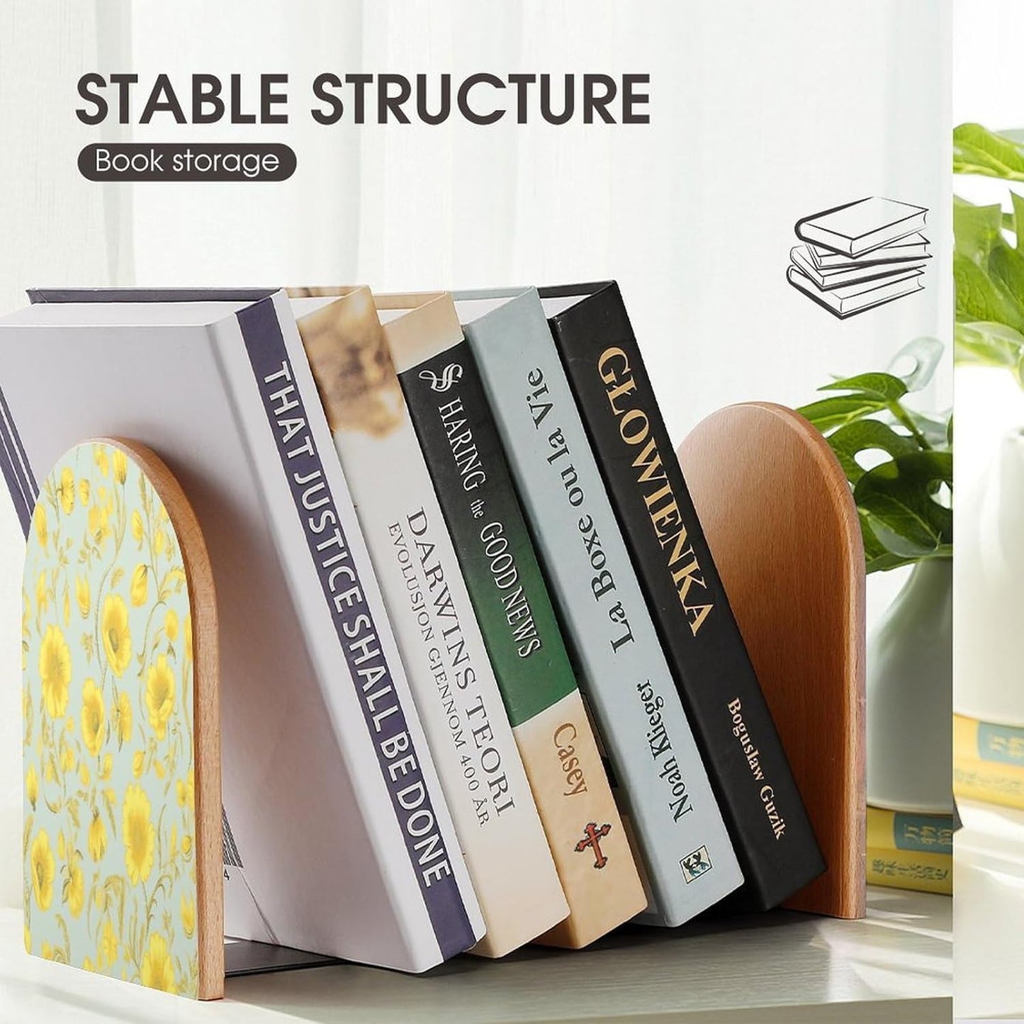 Yellow Flower Bookend for Shelves Wooden Book End Large Size Sturdy Book Holders Stoppers with Metal Base for Bookshelves Slick Decorative Bookends Stands