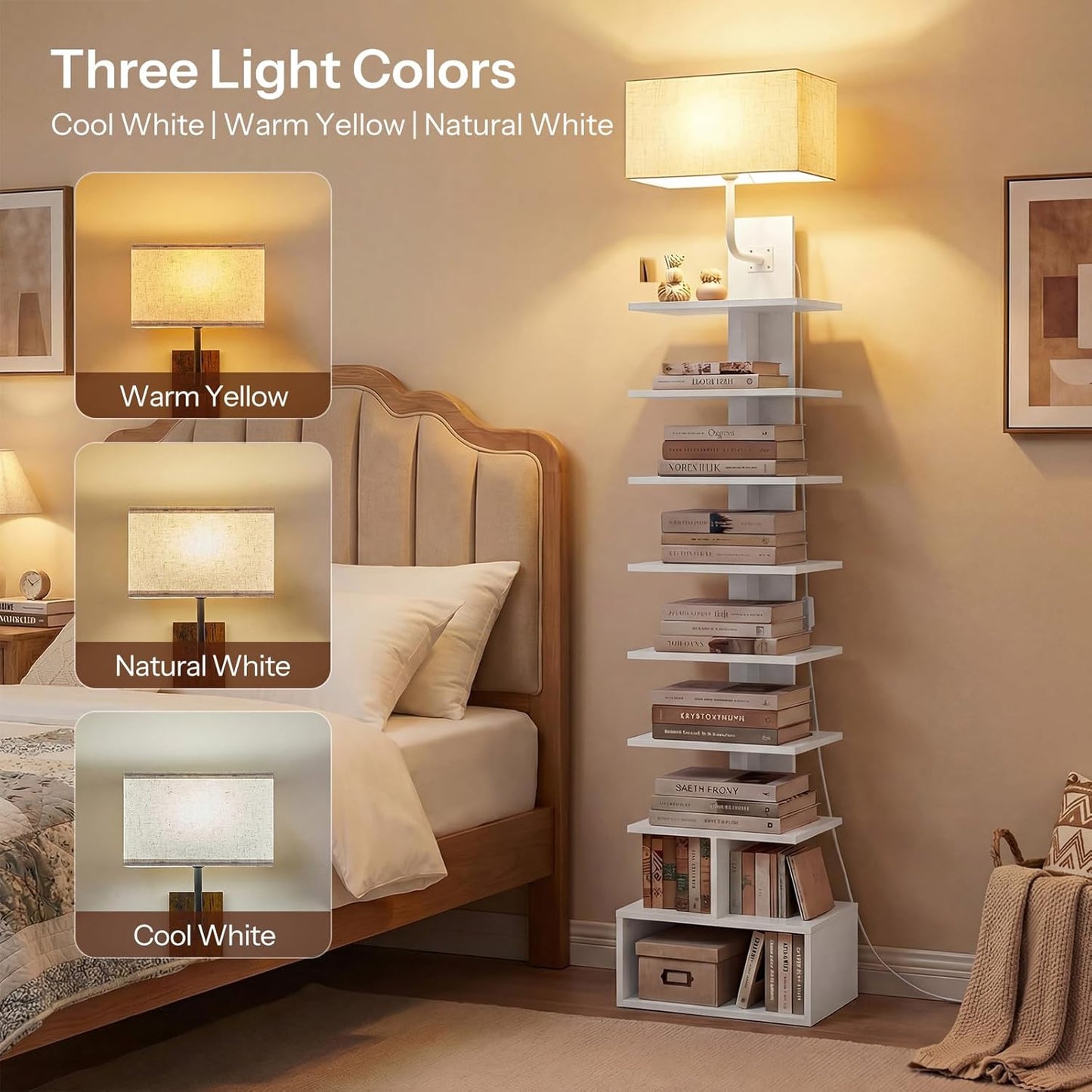HOOBRO Narrow Bookshelf, 9-Tier Lamp Bookshelf with Light, Spine Book Shelf for Small Apartment, Tall Floor Standing Book Organizer, for Living Room, Office, Bedroom, White WW09DSJ01