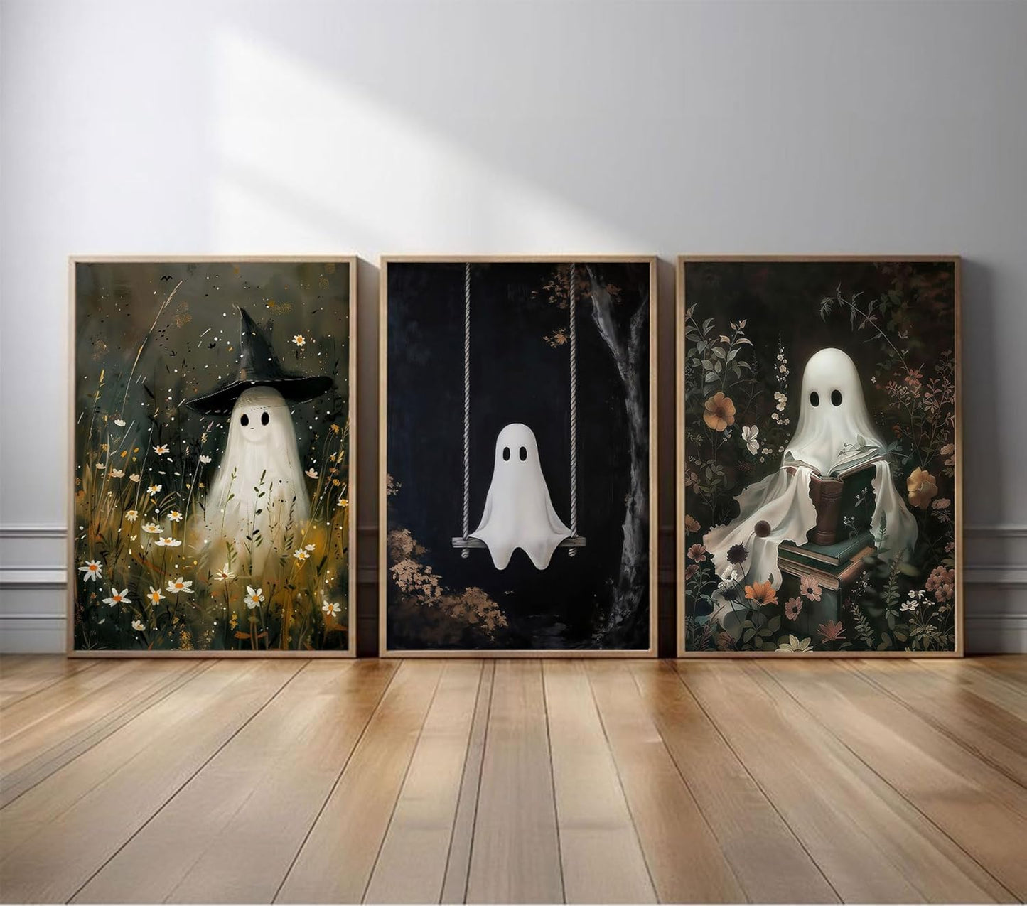 RERNIE et of 3 Ghost Wall Art Witch Poster Halloween Bathroom Decor, Gothic Dark Academia Canvas Wall Art, Funny Bathroom Pictures, Spooky Horror Home Decor 12x16 Inch Unframed