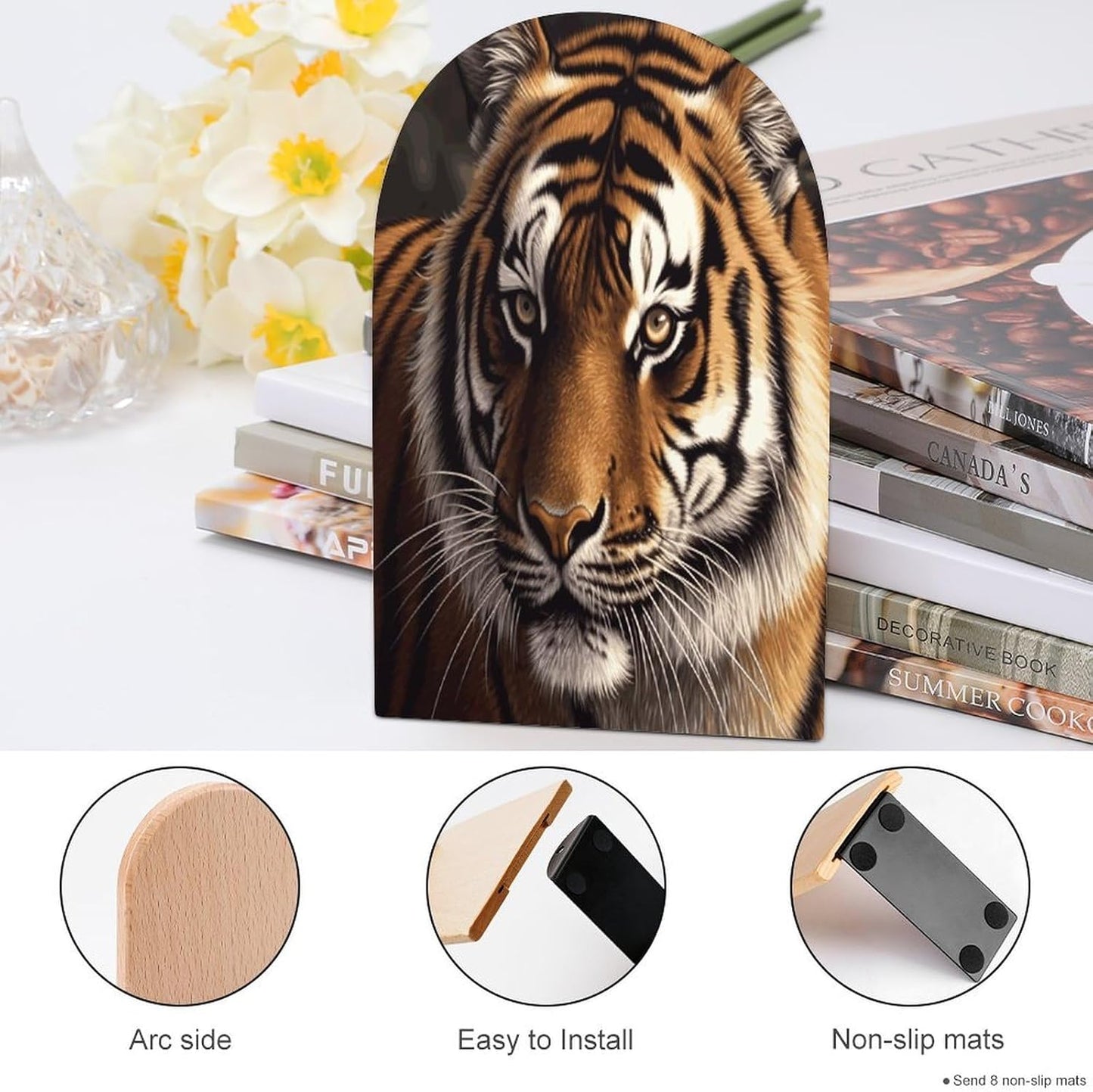 Bengal Tiger Bookend for Shelves Wooden Book End Large Size Sturdy Book Holders Stoppers with Metal Base for Bookshelves Slick Decorative Bookends Stands