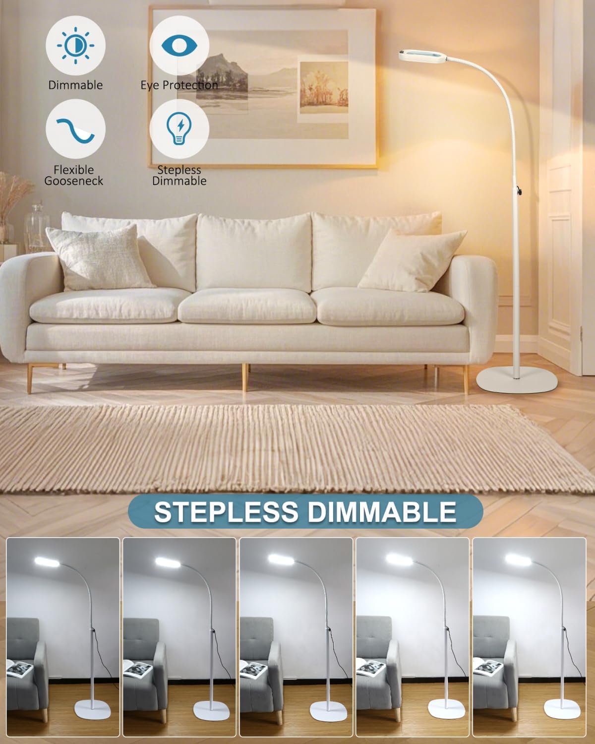 10X Rectangle Magnifying Glass with Light and Stand, 24" Flexible Gooseneck 3-in-1 Floor Lamp, 5 Color Modes Stepless Dimmable, LED Lighted Hands Free Magnifier for Reading Painting Close Work - White