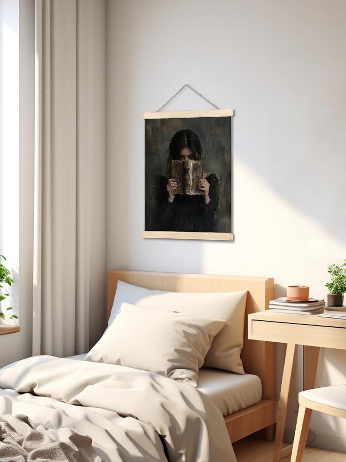 Vintage Book Girl Pattern Hanging Canvas Wall Art with Wooden Framed - Gothic Moody Dark Academia Print Library Hanging Posters, Goth Victorian Dark Cottagecore Wall Decor for Study Dorm Book Nook