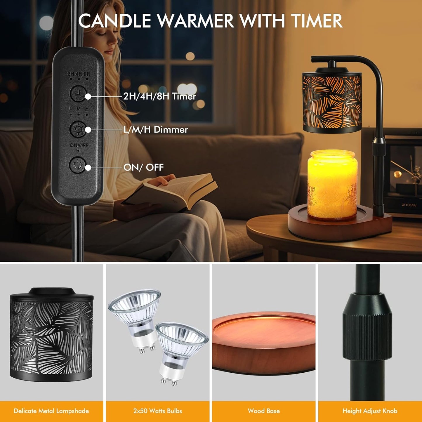 Candle Warmer Lamp with Timer & Dimmer- Electric Wax Melt Warmer with Adjustable Height for Scented Candles, Home Décor Fragrance and House Warming Birthday Gifts for Women Mom