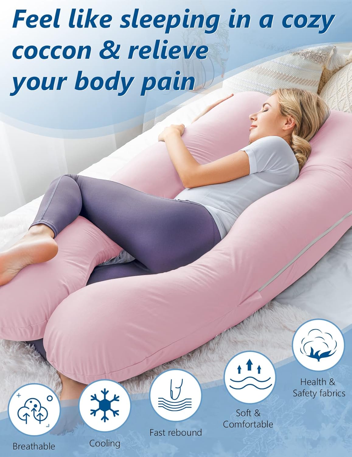 Meiz Pregnancy Pillows, Pregnancy Pillows for Sleeping, Pregnancy Body Pillow Cooling, Maternity Pillow for Pregnant Woman with Cooling Jersey Cover, Pink