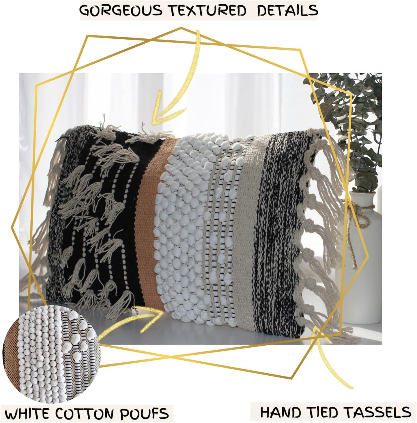 Decorative Boho-Chic Premium Pillow Cover 12x20 Handwoven Tufted Cotton Lumbar Accent Pillows, Neutral Earthly Color Throw Cushion, Farmhouse & Bohemian Home Decor (no Insert)
