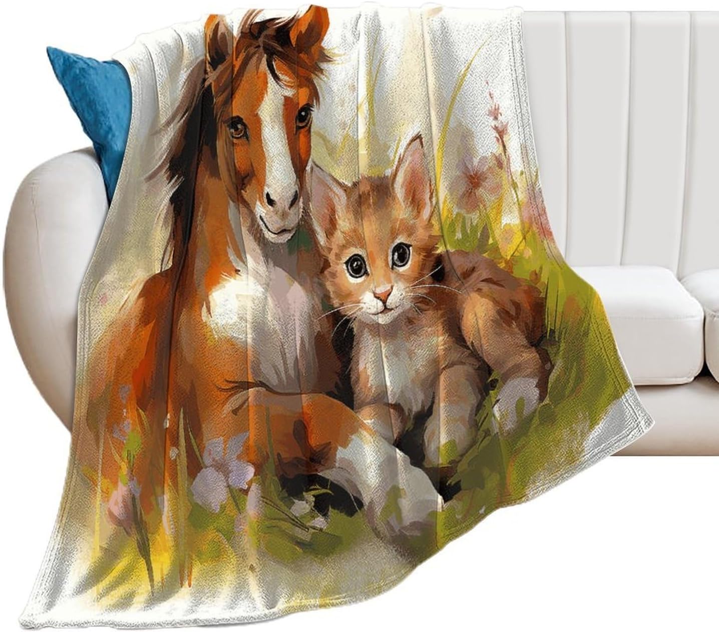 Cute Horse and Cat Throw Blanket for Couch Super Soft Warm Lightweight Throw Blankets Cozy Flannel Bed Blanket Cute Decorative Blankets for All Seasons Home Decor Gift 40"*50" （100 * 130cm）