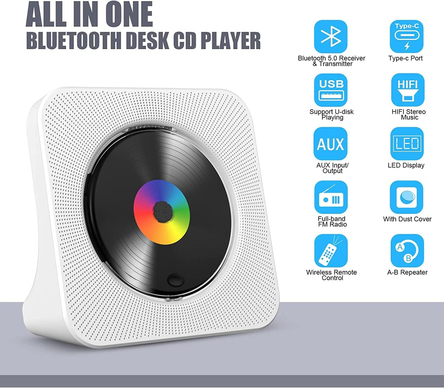 Gueray CD Player Portable Bluetooth Desktop CD Player for Home with Timer Built-in HiFi Speakers with LCD Screen Display Boombox FM Radio USB Type-c (White)