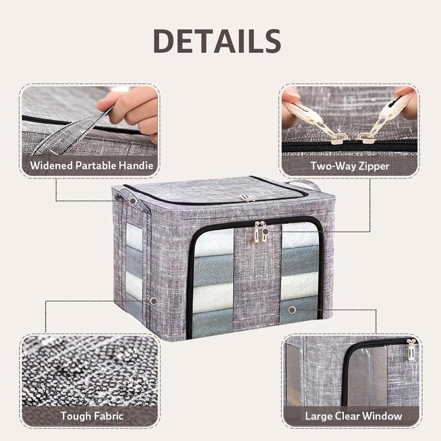 Clothes Storage Bins 50x40x33cm, 66L Waterproof Foldable Fabric Container, Ideal for Bedroom, Closet, Apartment, Home, Bed Sheets, Comforters, Toys, Garments