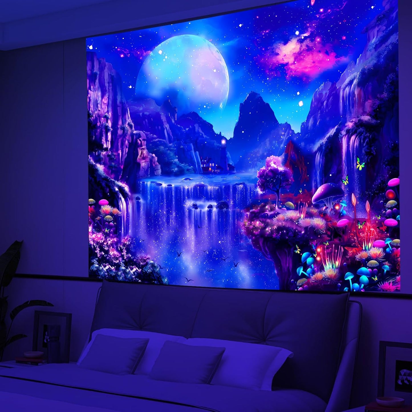 Avinyl Blacklight Space Tapestry for Bedroom, Black Light Moon and Mushroom Large Tapestries 60" x 79", Glow In The Dark Fantasy Waterfall Landscape Wall Hanging for Living Room Dorm Decor